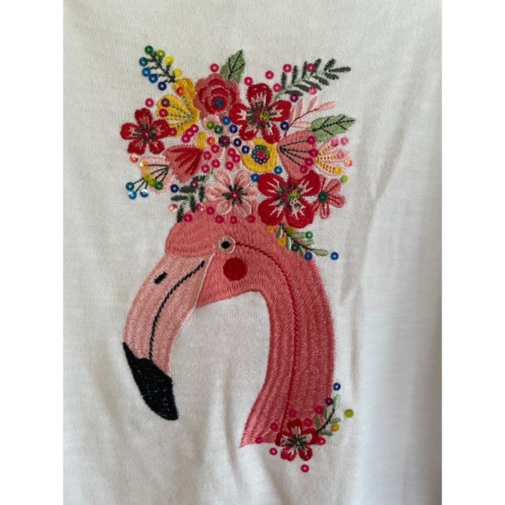 Cabana Bay Size XL White 100% Cotton 1/2 Sleeve Sweater w/ Pink Flamingo Theme‎ - Picture 2 of 5